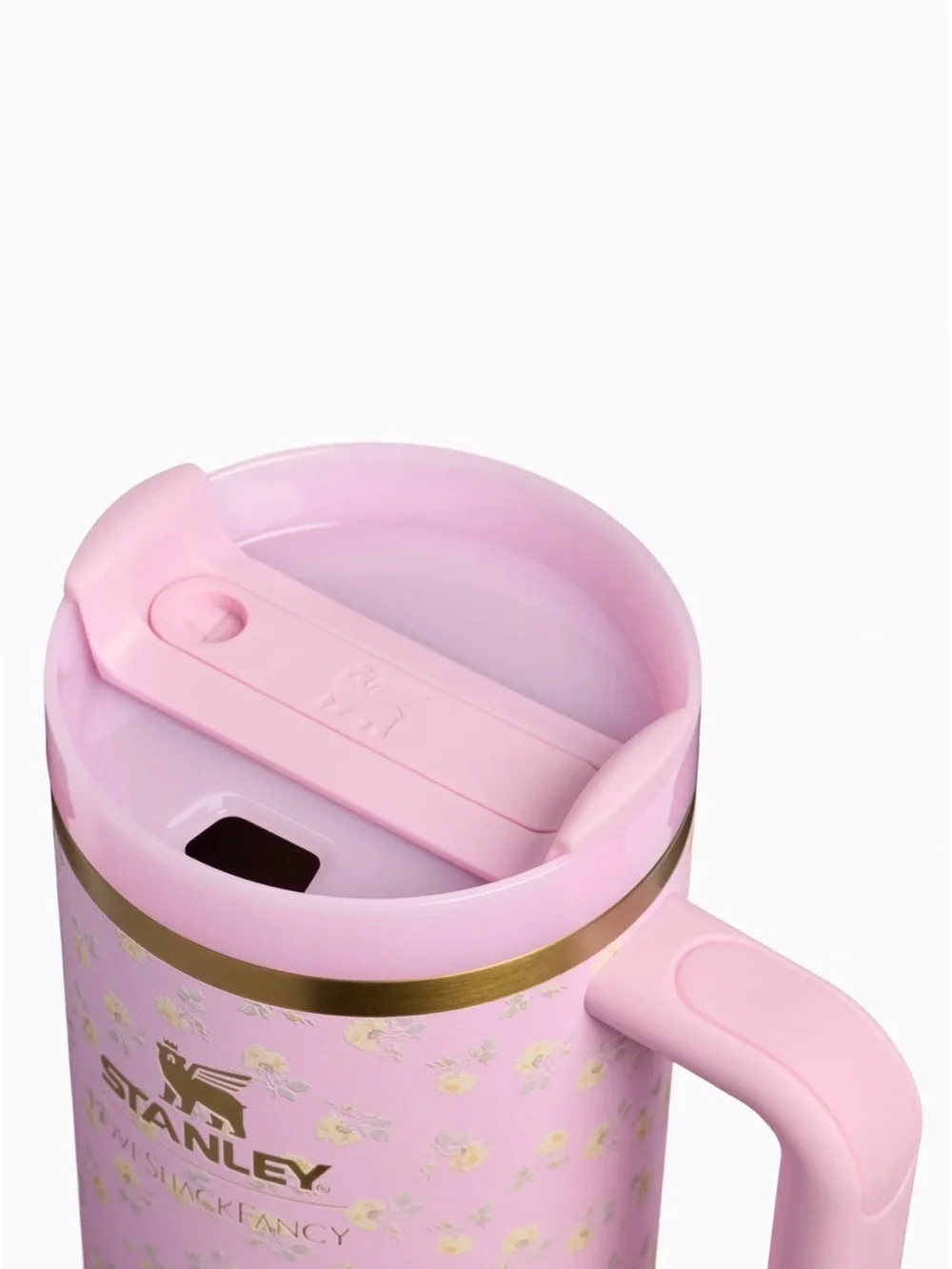 Stanley Pink Floral Tumbler with Handle and Gold Accents